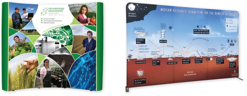 Pop-Up Event displays with curved or straight banner configurations for distinctive presentations