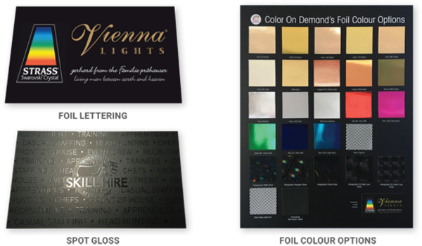 Foil lettering & foil colour options,spot gloss finishes - business cards- Color on Demand Foil lettering & foil colour options,spot gloss finishes - business cards- Color on Demand